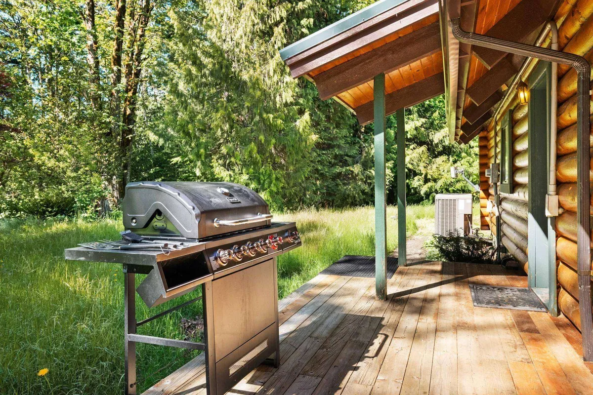This photo showcases a wooden porch equipped with a grill and surrounded by lush greenery. The scene suggests a relaxed spot for outdoor dining, unwinding with pets, and enjoying the peaceful natural setting.