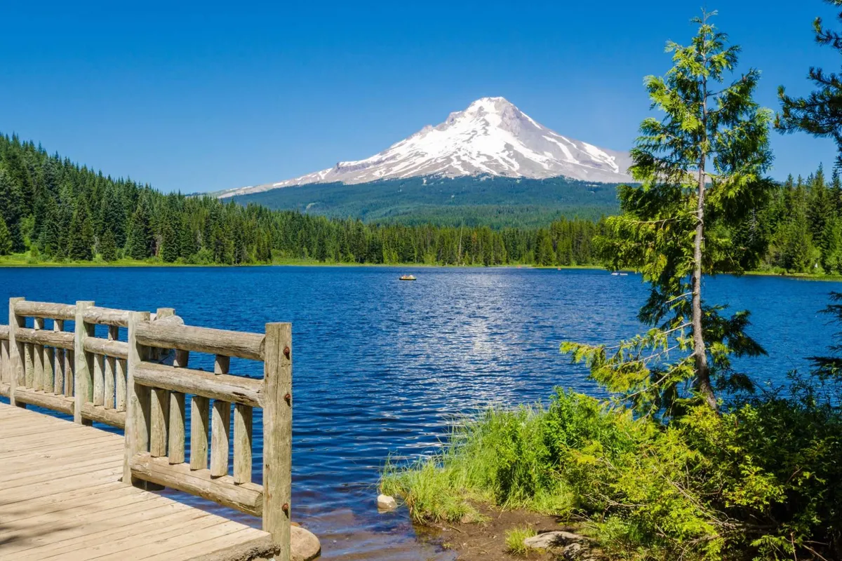 A breathtaking view of a snow-capped mountain reflecting in a calm lake, bordered by lush greenery and a wooden bridge. The scene suggests opportunities for hiking, picnicking, and wildlife observation, all set within the natural beauty characteristic of the Pacific Northwest.